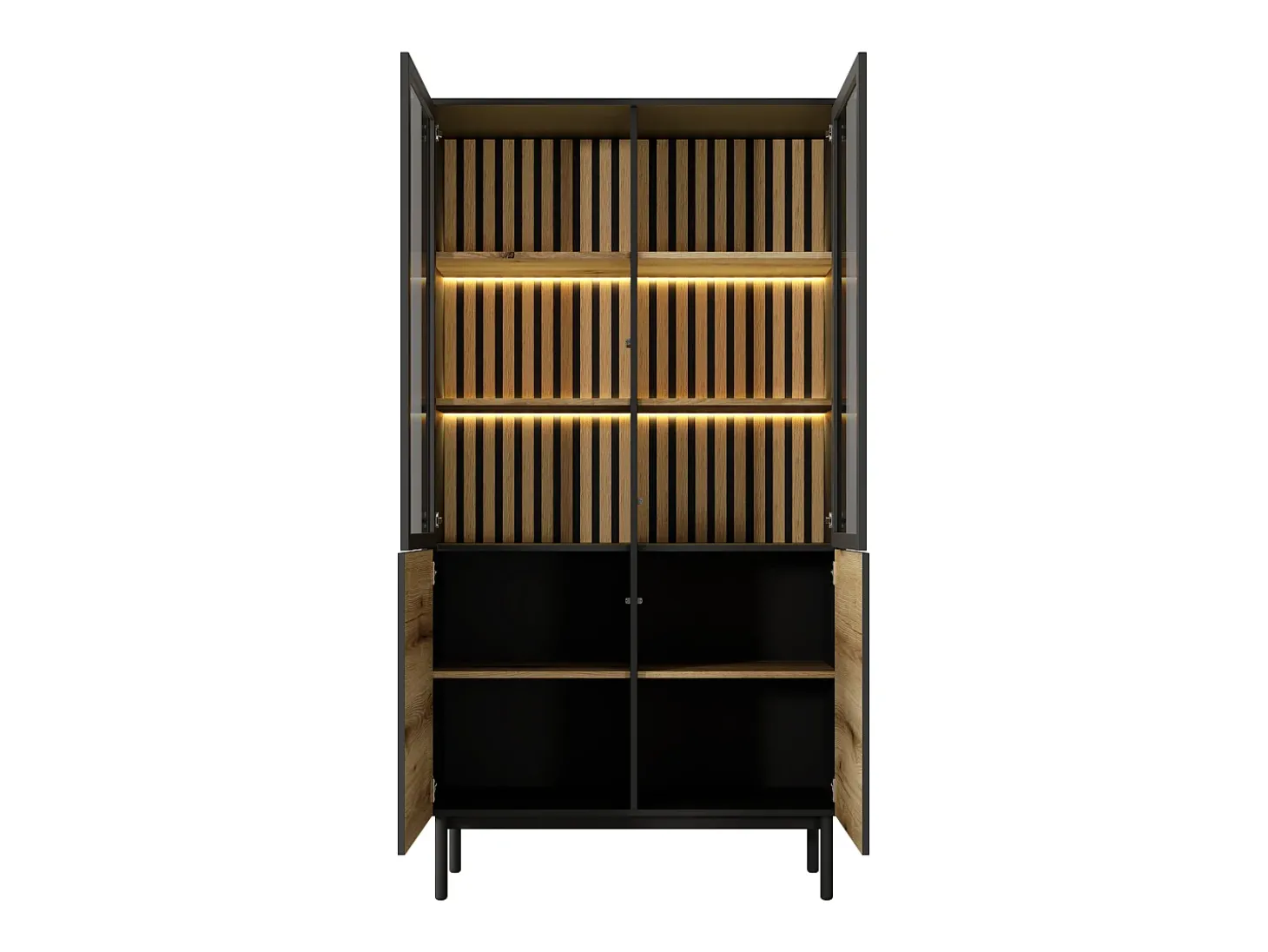 Vitrina com 4 portas e com LEDs cor natural e preto - LABENIA
