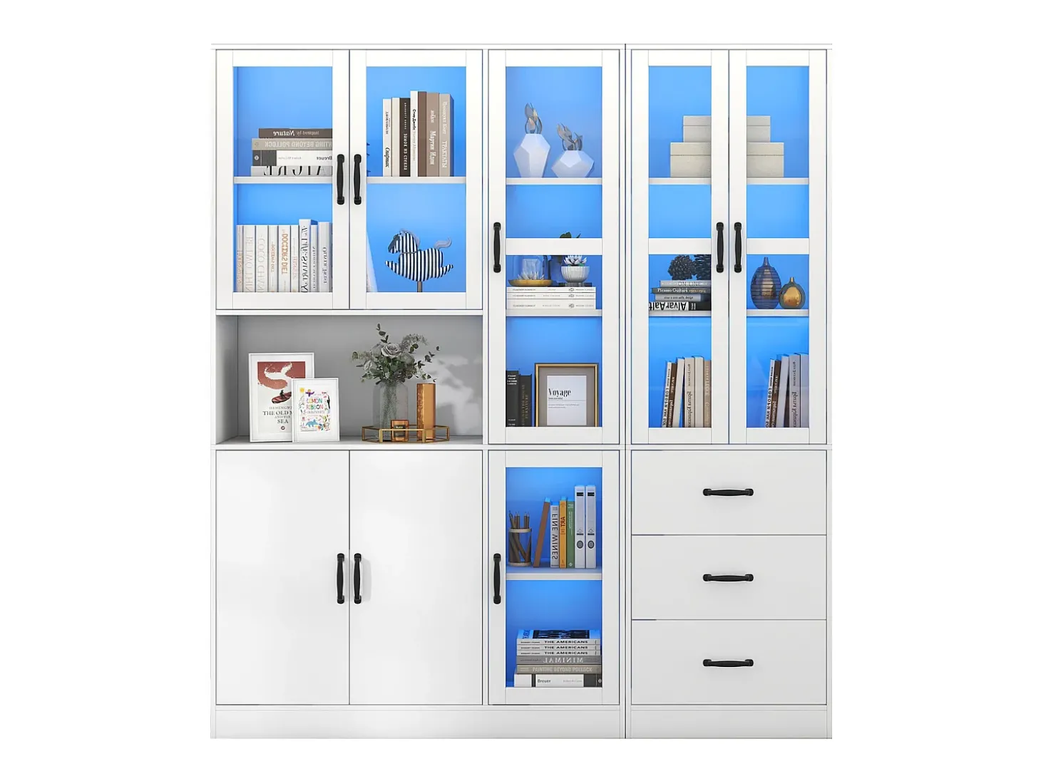 Vitrina combinada moderna com 8 portas e 3 gavetas - LEDs - Madeira MDF - lacado branco - 180 x 40 x 200 cm