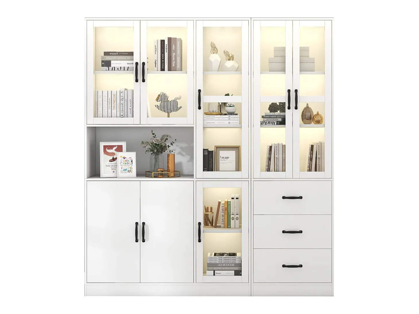 Vitrina combinada moderna com 8 portas e 3 gavetas - LEDs - Madeira MDF - lacado branco - 180 x 40 x 200 cm