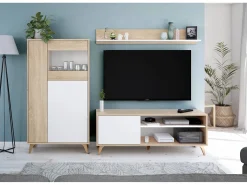 Vitrina Daceved, Vitrina moderna com 3 portas, Aparador para sala ou lounge, Aparador alto com prateleiras, 77x33h142 cm, Carvalho e Branco