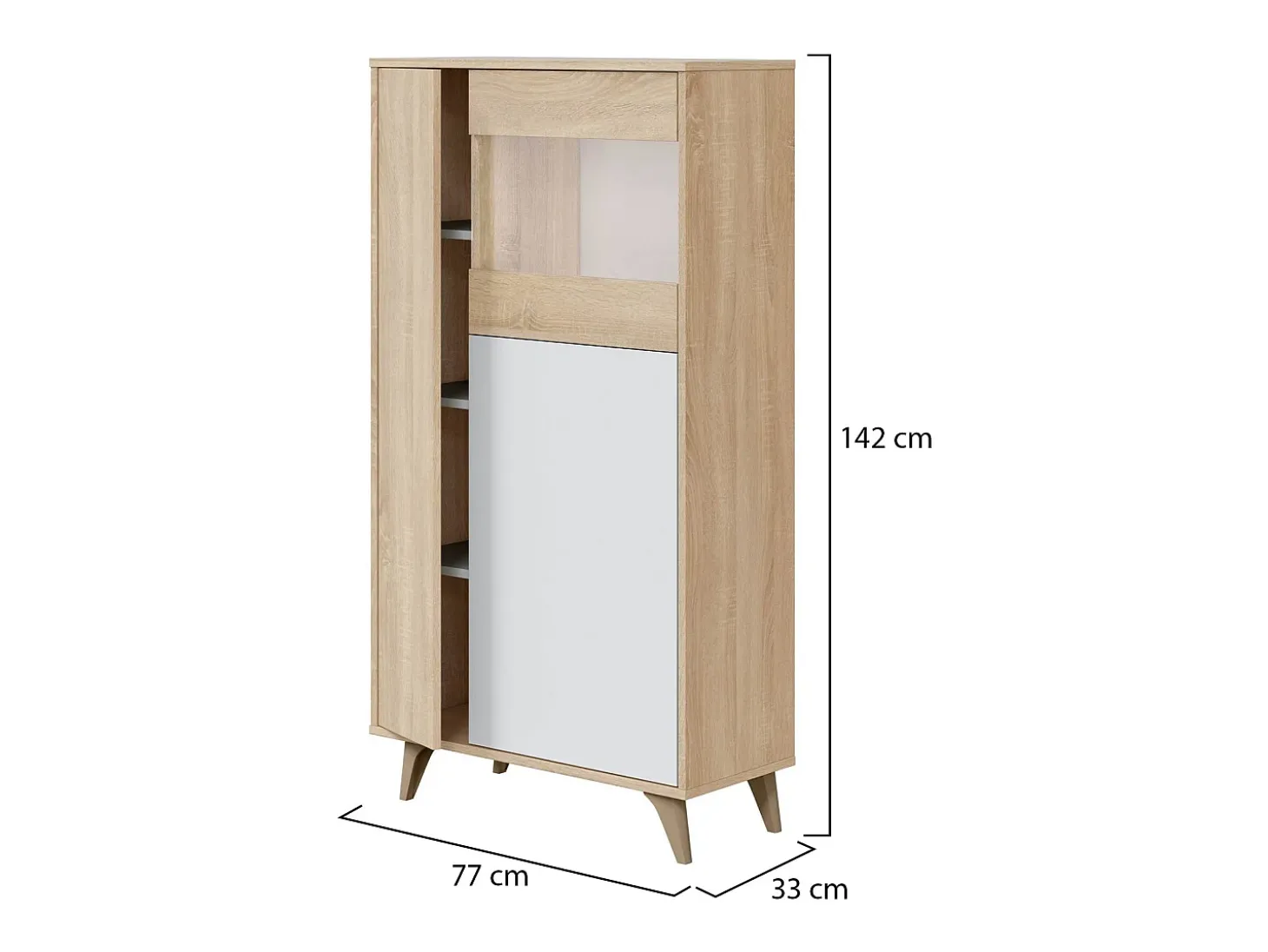 Vitrina Daceved, Vitrina moderna com 3 portas, Aparador para sala ou lounge, Aparador alto com prateleiras, 77x33h142 cm, Carvalho e Branco