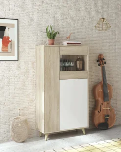 Vitrina Daceved, Vitrina moderna com 3 portas, Aparador para sala ou lounge, Aparador alto com prateleiras, 77x33h142 cm, Carvalho e Branco