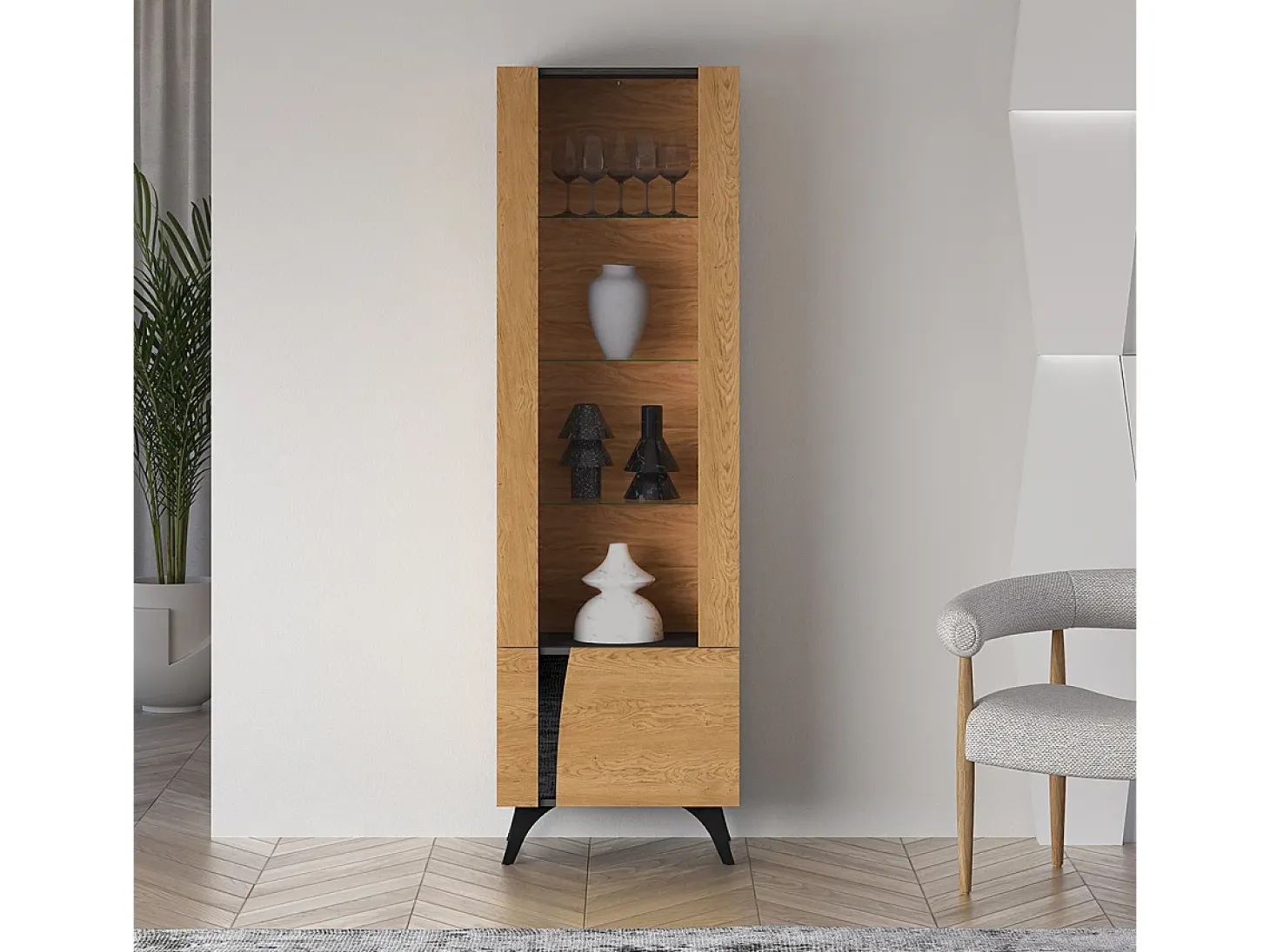 Vitrina de 2 portas Soah em madeira e preto, direita