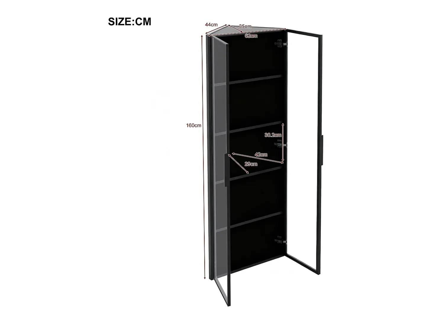 Vitrina de canto 62x35x160cm - con iluminação LED - 2 portas de vidro - Preto