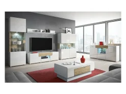 Vitrina design coleção OHIO, modelo alto. Cor branca e acabamento com aparência de carvalho.