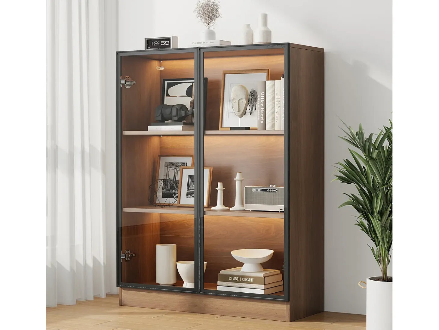 Vitrina em vidro com 3 prateleiras - LED - Castanho