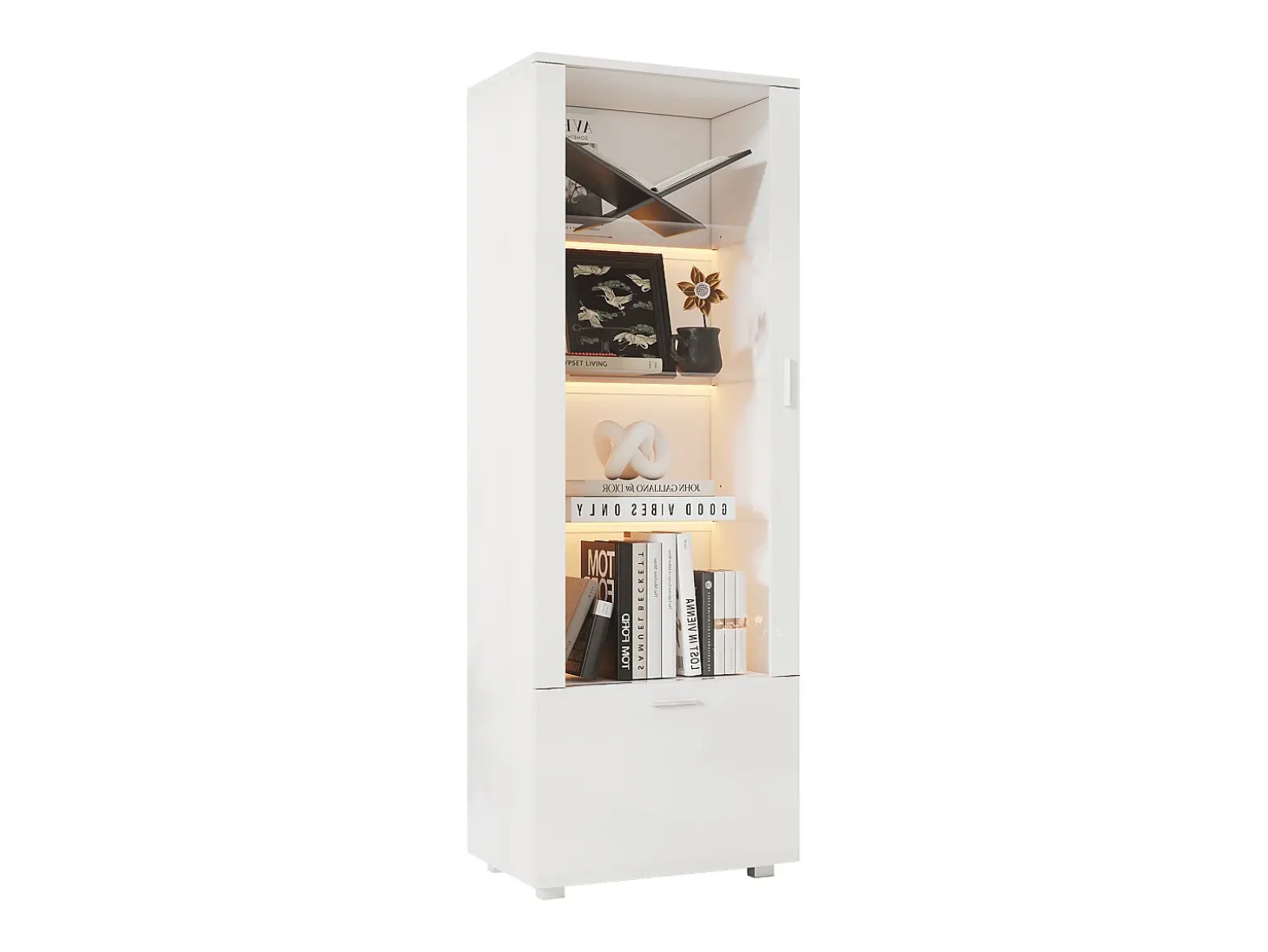 Vitrina envernizada brilhante 50x40x160 cm - con iluminação LED - Porta de acrílico+1 gaveta - Prateleiras de vidro - Painéis de partículas - Branco