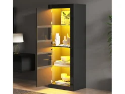 Vitrina envernizada brilhante 61x42x162 cm - con iluminação LED - 2 portas - Prateleiras de vidro ajustáveis - Preto
