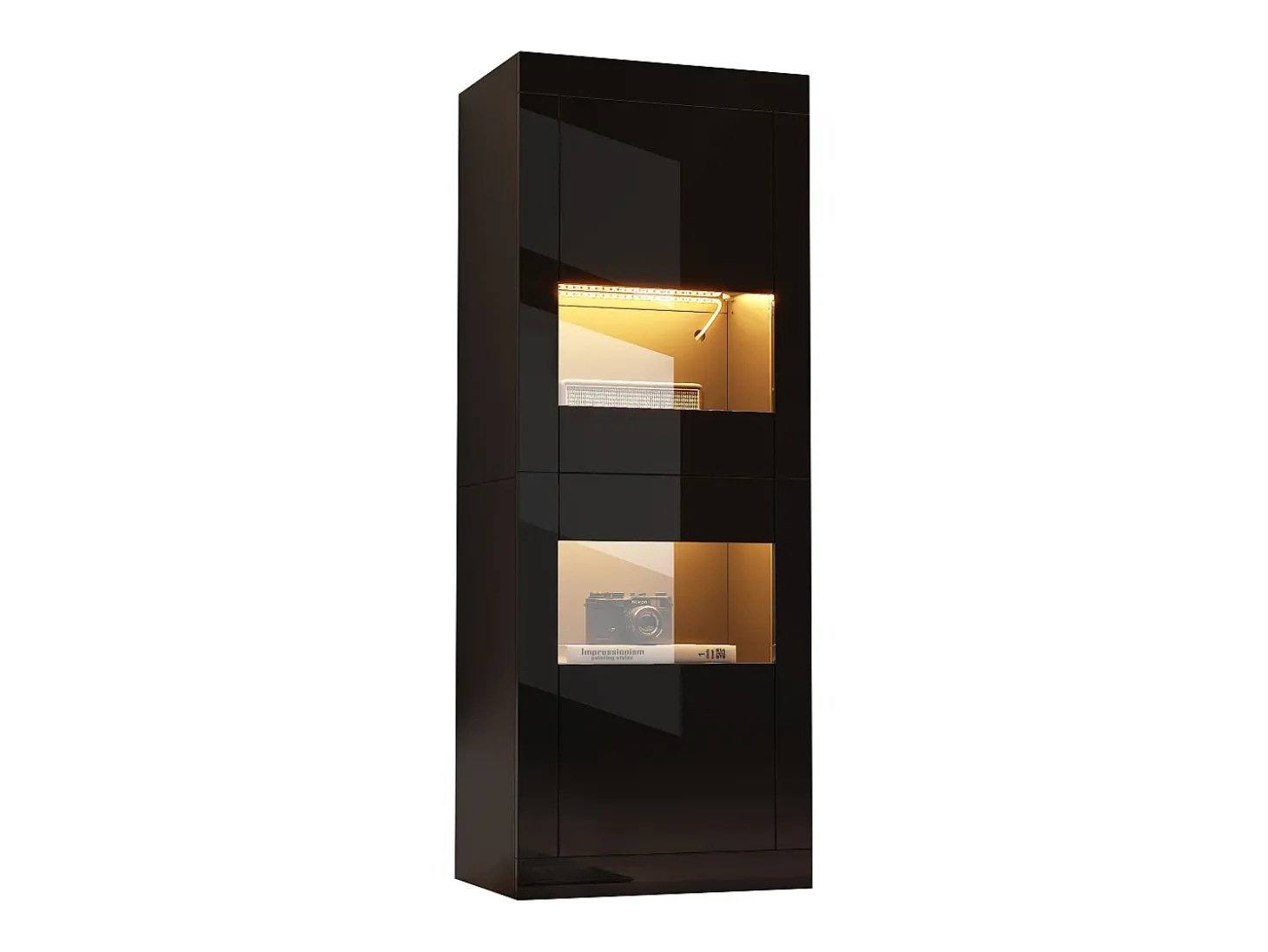Vitrina envernizada brilhante 61x42x162 cm - con iluminação LED - 2 portas - Prateleiras de vidro ajustáveis - Preto