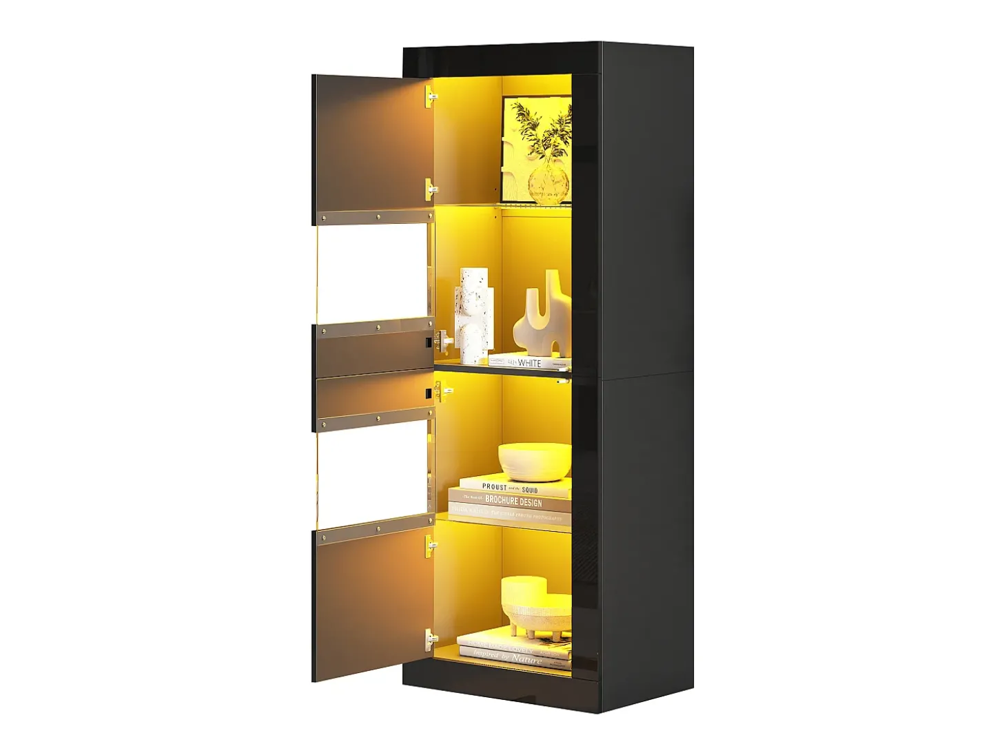 Vitrina envernizada brilhante 61x42x162 cm - con iluminação LED - 2 portas - Prateleiras de vidro ajustáveis - Preto