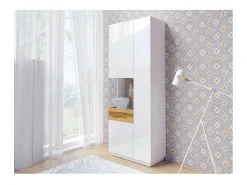 Vitrina, estante, armário KILES nas cores cinza, branco e carvalho. Modelo vitrina esquerda.