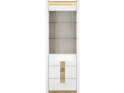 Vitrina Helios LED de 1 porta e 2 gavetas em branco lacado e madeira