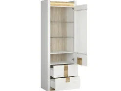 Vitrina Helios LED de 1 porta e 2 gavetas em branco lacado e madeira