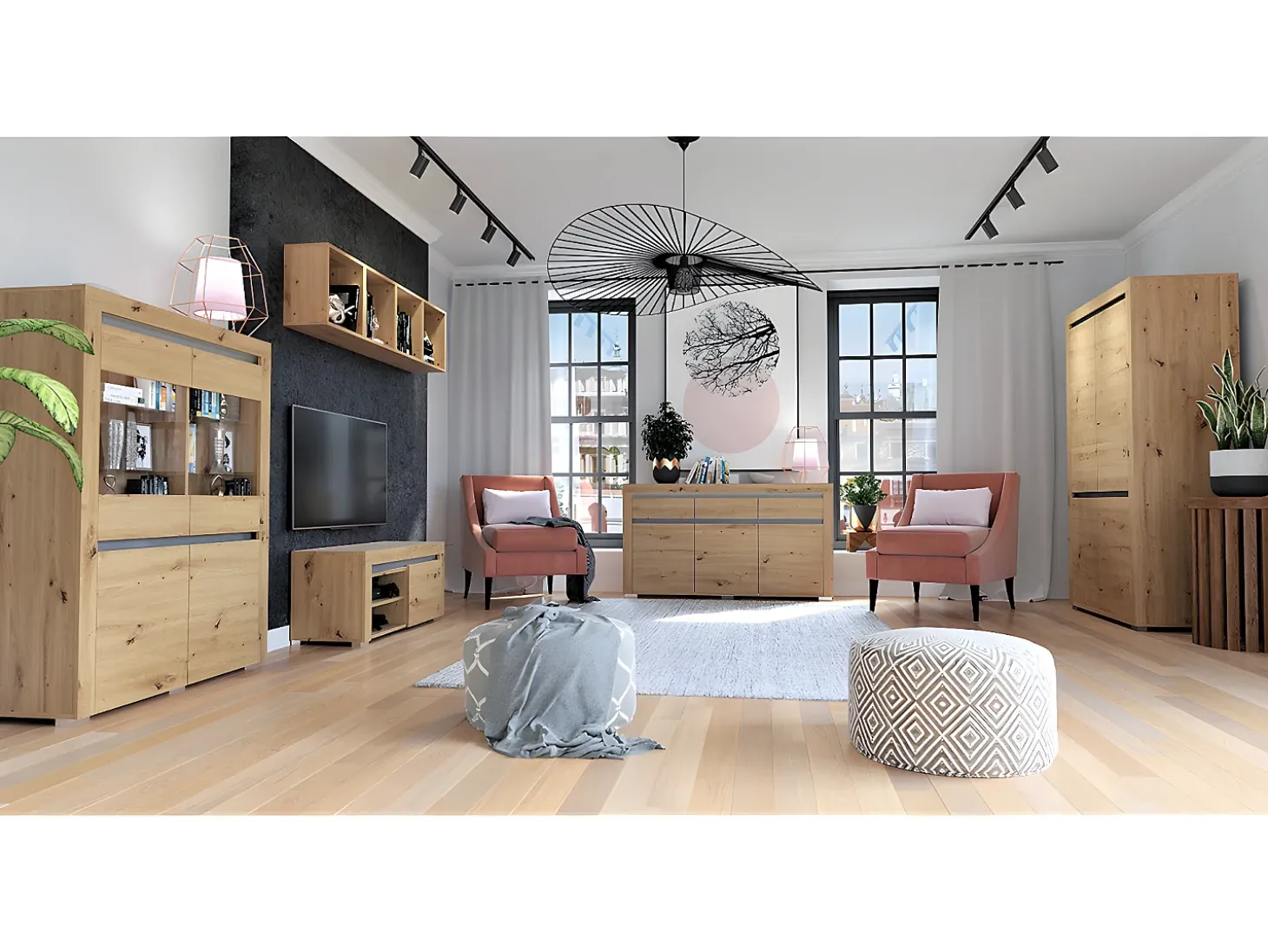 Vitrina LED de 2 portas Kasla em madeira e antracite