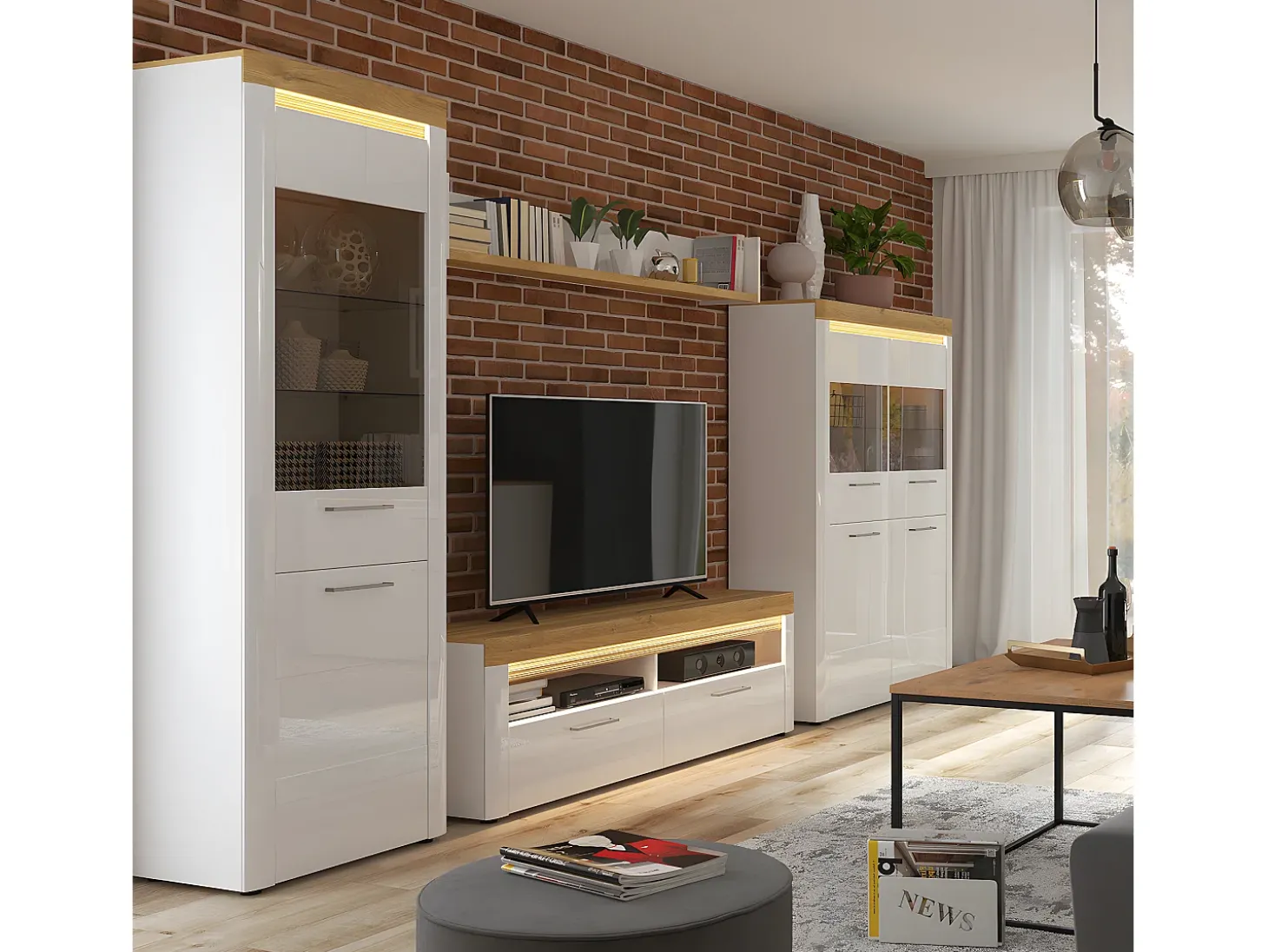 Vitrina LED de 2 portas Nara Branco e Madeira