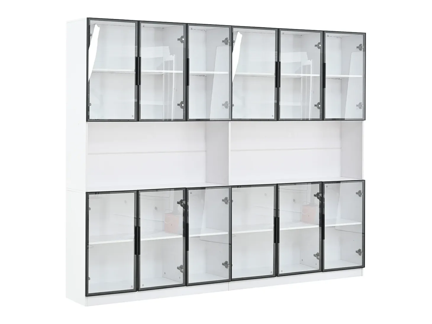Vitrina moderna 240x34x200 cm - Iluminação LED - 12 portas de vidro - Espaço de armazenamento aberto - MDF - Branco