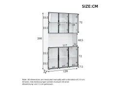 Vitrina moderna 120x34x200 cm - Iluminação LED - 6 portas de vidro - Espaço de armazenamento aberto - MDF - Branco