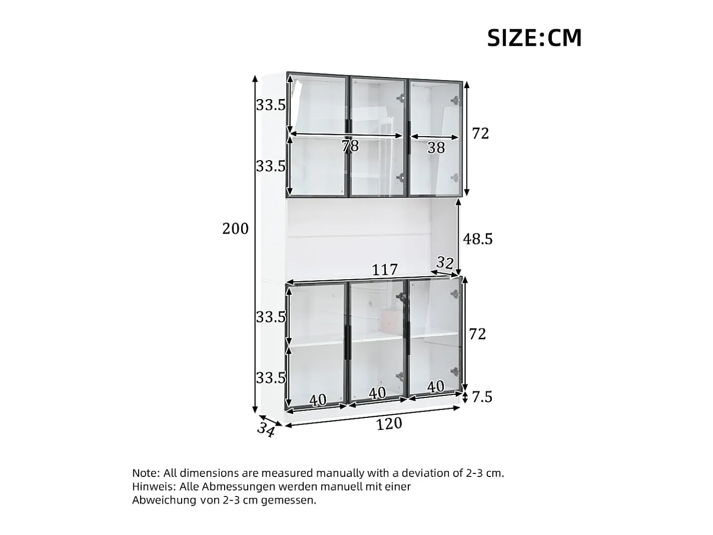 Vitrina moderna 120x34x200 cm - Iluminação LED - 6 portas de vidro - Espaço de armazenamento aberto - MDF - Branco