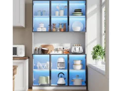 Vitrina moderna 120x34x200 cm - Iluminação LED - 6 portas de vidro - Espaço de armazenamento aberto - MDF - Branco