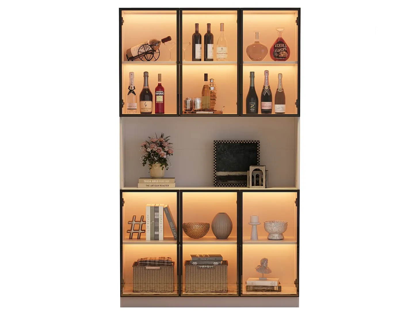 Vitrina moderna 120x34x200 cm - Iluminação LED - 6 portas de vidro - Espaço de armazenamento aberto - MDF - Branco