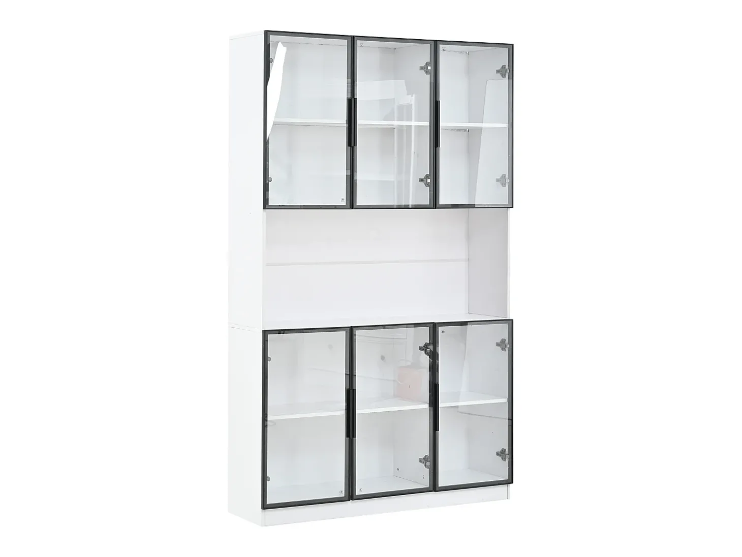 Vitrina moderna 120x34x200 cm - Iluminação LED - 6 portas de vidro - Espaço de armazenamento aberto - MDF - Branco