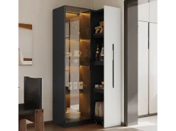 Vitrina móvel 70x40x160 cm - Estante de livros - Iluminação LED - 1 porta de vidro e 1 gaveta - con rodas - MDF - Preto e branco