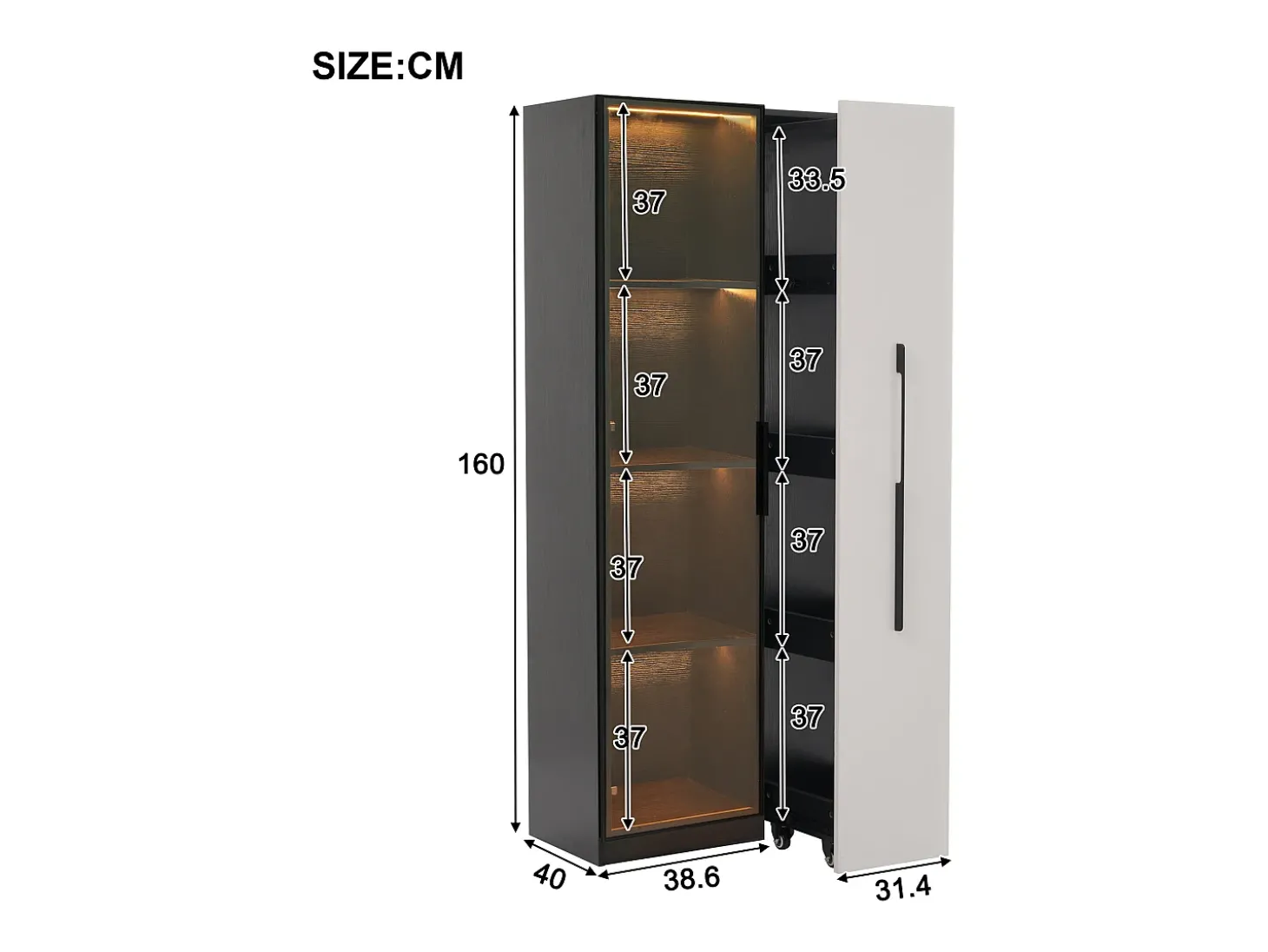 Vitrina móvel 70x40x160 cm - Estante de livros - Iluminação LED - 1 porta de vidro e 1 gaveta - con rodas - MDF - Preto e branco