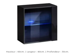 Vitrina preta quadrada suspensa com 1 porta de vidro e iluminação LED inclusa. Coleção SWITCH.