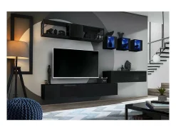 Vitrina preta quadrada suspensa com 1 porta de vidro e iluminação LED inclusa. Coleção SWITCH.
