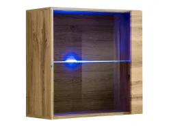 Vitrina quadrada suspensa na cor carvalho claro com 1 porta de vidro e iluminação LED inclusa. Coleção SWITCH.