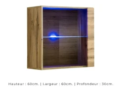 Vitrina quadrada suspensa na cor carvalho claro com 1 porta de vidro e iluminação LED inclusa. Coleção SWITCH.