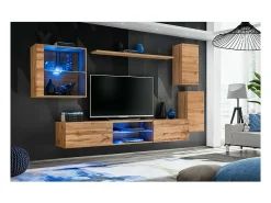 Vitrina quadrada suspensa na cor carvalho claro com 1 porta de vidro e iluminação LED inclusa. Coleção SWITCH.