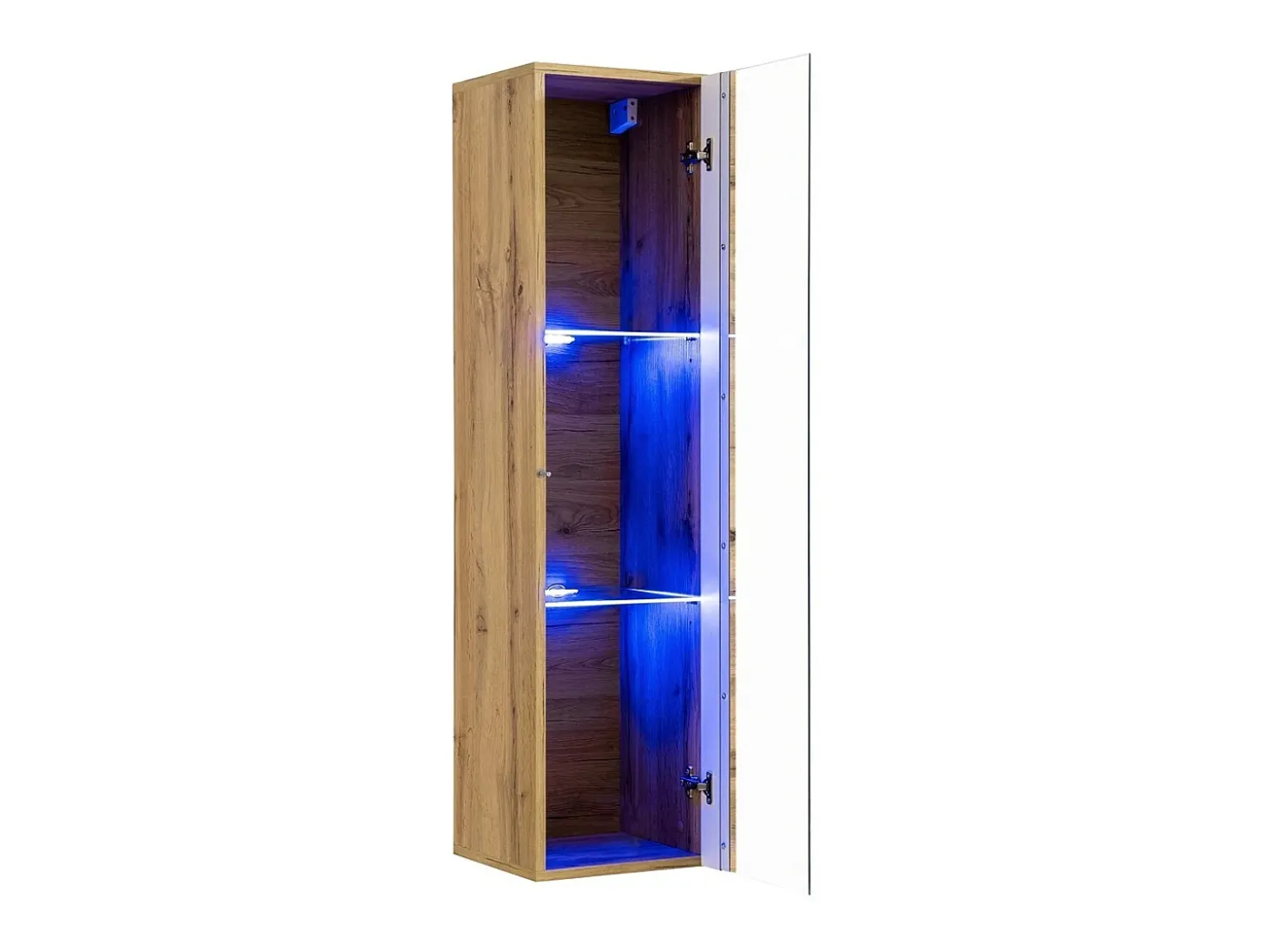 Vitrina suspensa na cor carvalho, modelo pequeno, com 1 porta de vidro e iluminação LED inclusa. Coleção SWITCH.