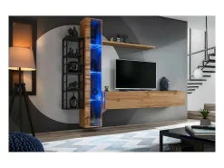 Vitrina suspensa na cor carvalho Wotan com 1 porta de vidro e iluminação LED inclusa. Coleção SWITCH.