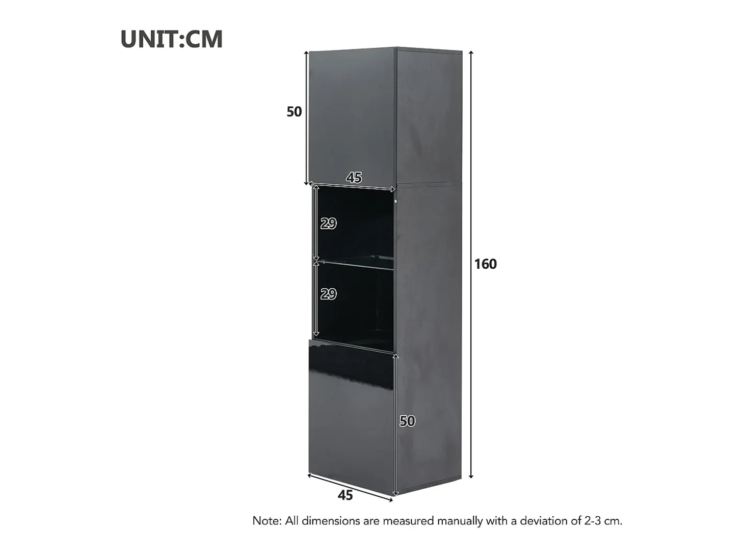 Vitrina 45x35x160 cm - com 2 portas - com iluminação LED - 1 prateleira de vidro - Preto