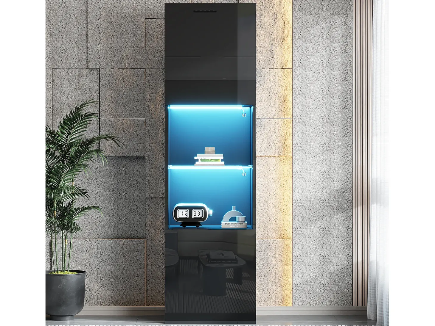 Vitrina 45x35x160 cm - com 2 portas - com iluminação LED - 1 prateleira de vidro - Preto