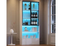 Vitrina 80x34x180 cm - con iluminação LED - 1 gaveta e 2 portas de vidro - prateleiras abertas - MDF - Branco