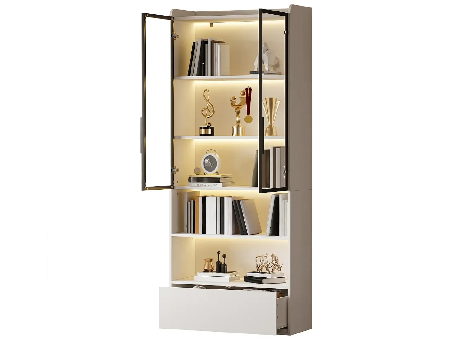 Vitrina 80x34x180 cm - con iluminação LED - 1 gaveta e 2 portas de vidro - prateleiras abertas - MDF - Branco
