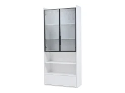 Vitrina 80x34x180 cm - con iluminação LED - 1 gaveta e 2 portas de vidro - prateleiras abertas - MDF - Branco