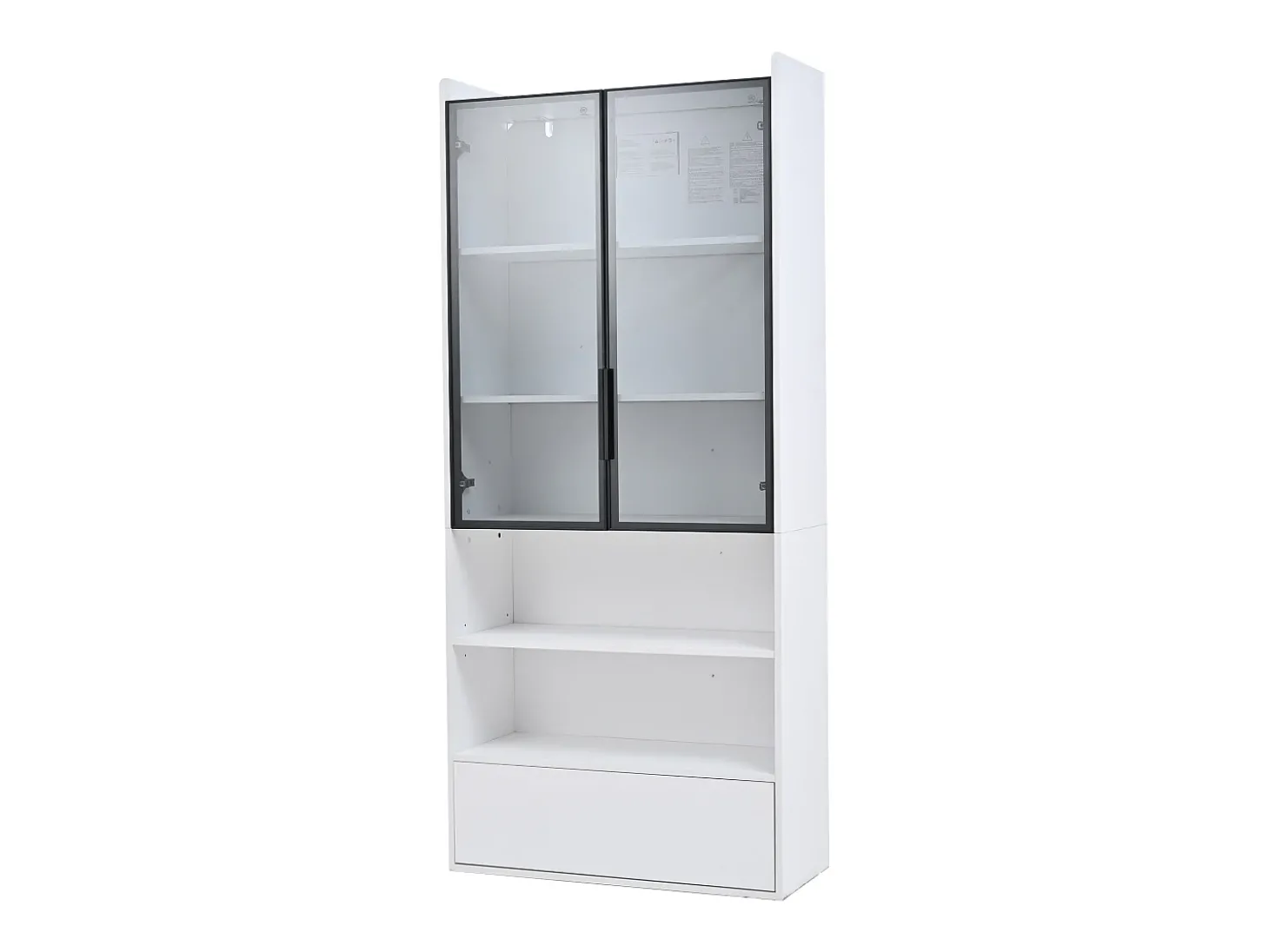 Vitrina 80x34x180 cm - con iluminação LED - 1 gaveta e 2 portas de vidro - prateleiras abertas - MDF - Branco