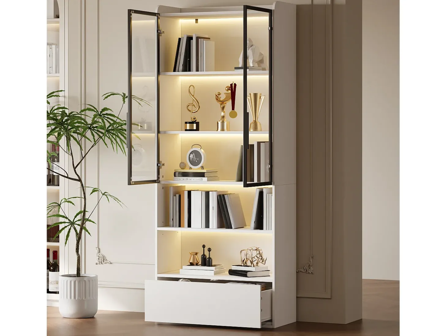 Vitrina 80x34x180 cm - con iluminação LED - 1 gaveta e 2 portas de vidro - prateleiras abertas - MDF - Branco