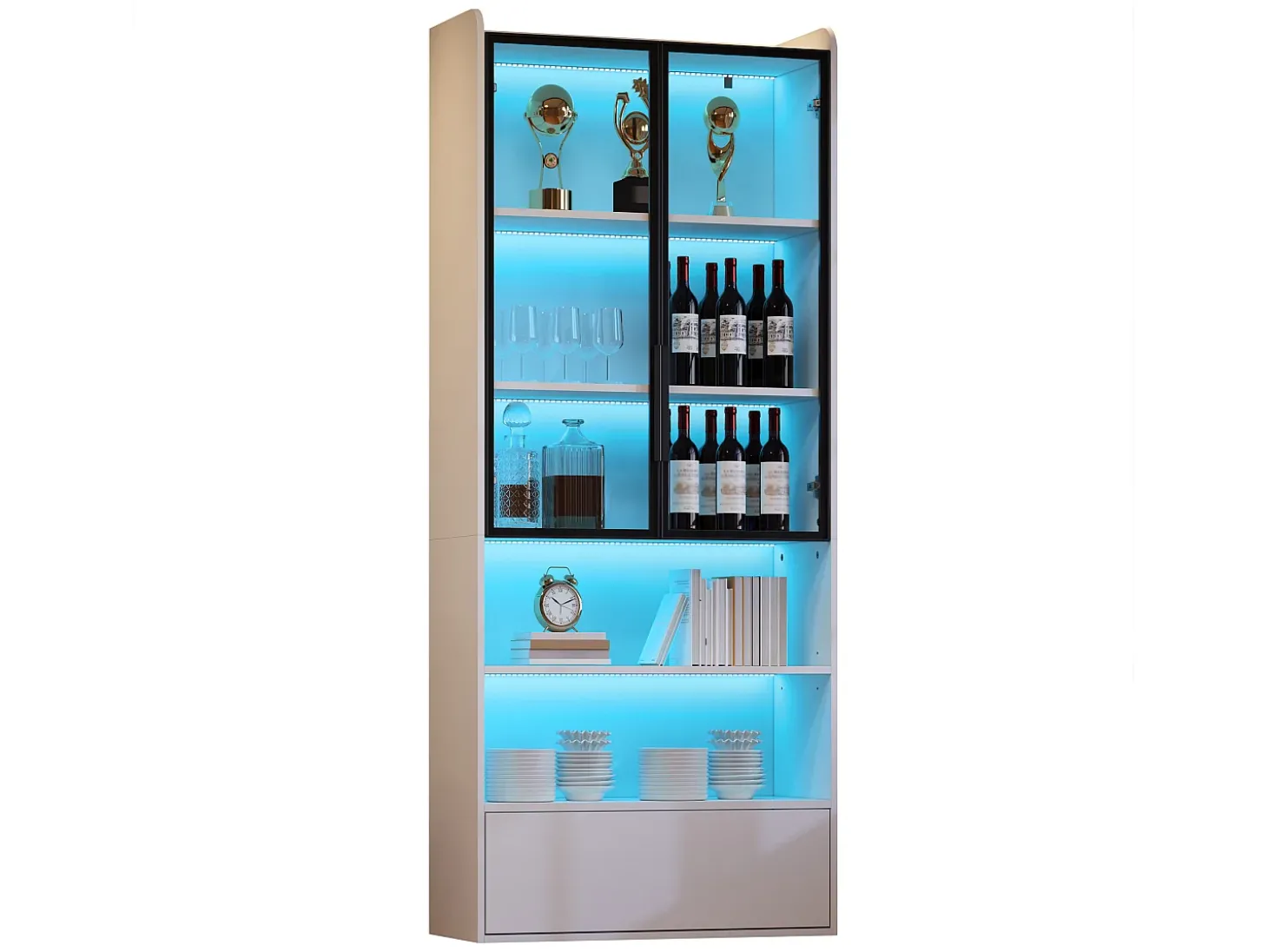 Vitrina 80x34x180 cm - con iluminação LED - 1 gaveta e 2 portas de vidro - prateleiras abertas - MDF - Branco