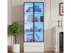 Vitrina 80x34x200 cm - con iluminação LED - con 2 portas e 2 gavetas - Acabamento brilhante - branco
