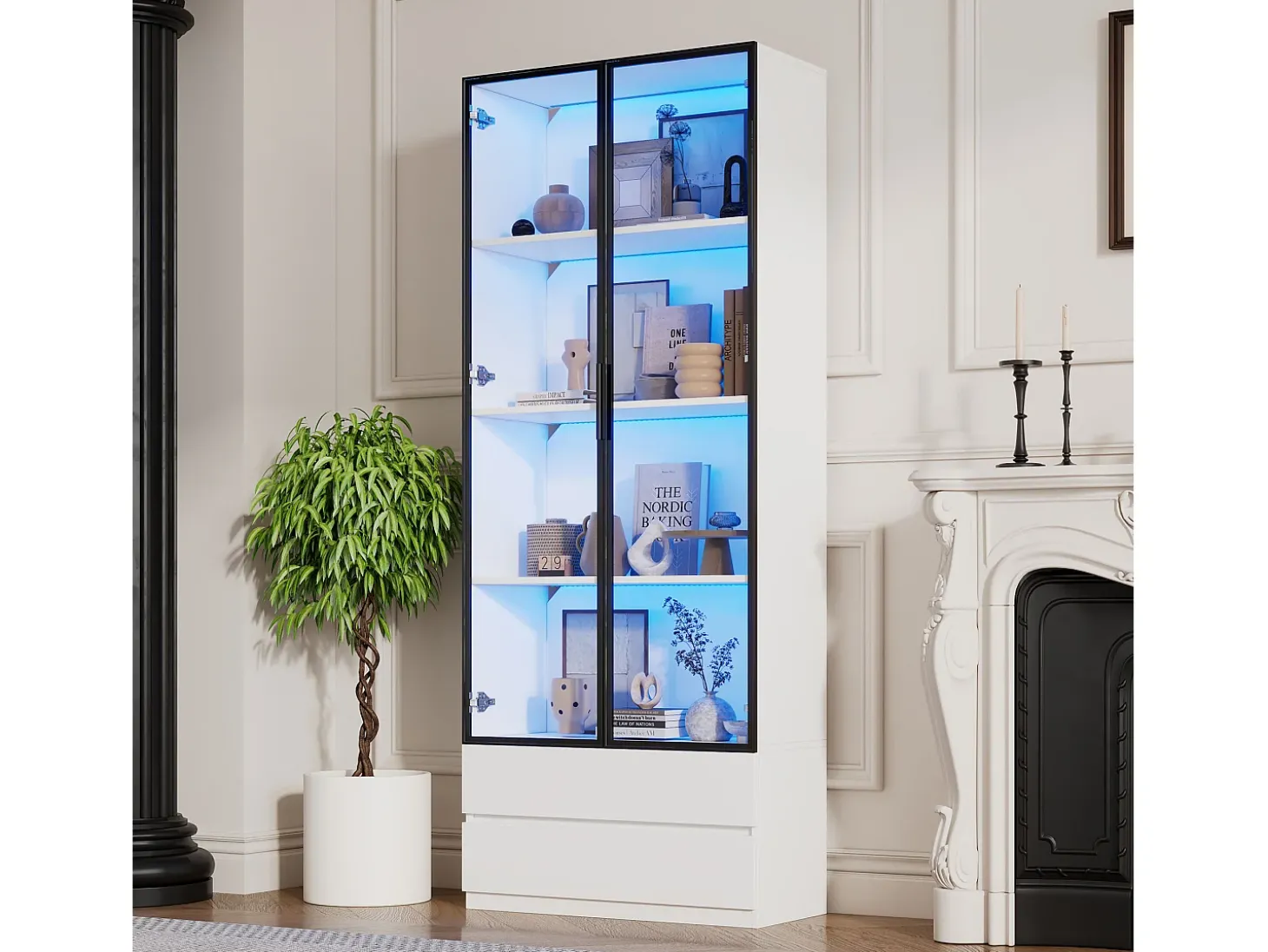 Vitrina 80x34x200 cm - con iluminação LED - con 2 portas e 2 gavetas - Acabamento brilhante - branco