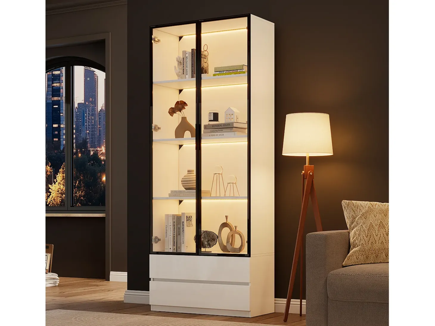 Vitrina 80x34x200 cm - con iluminação LED - con 2 portas e 2 gavetas - Acabamento brilhante - branco