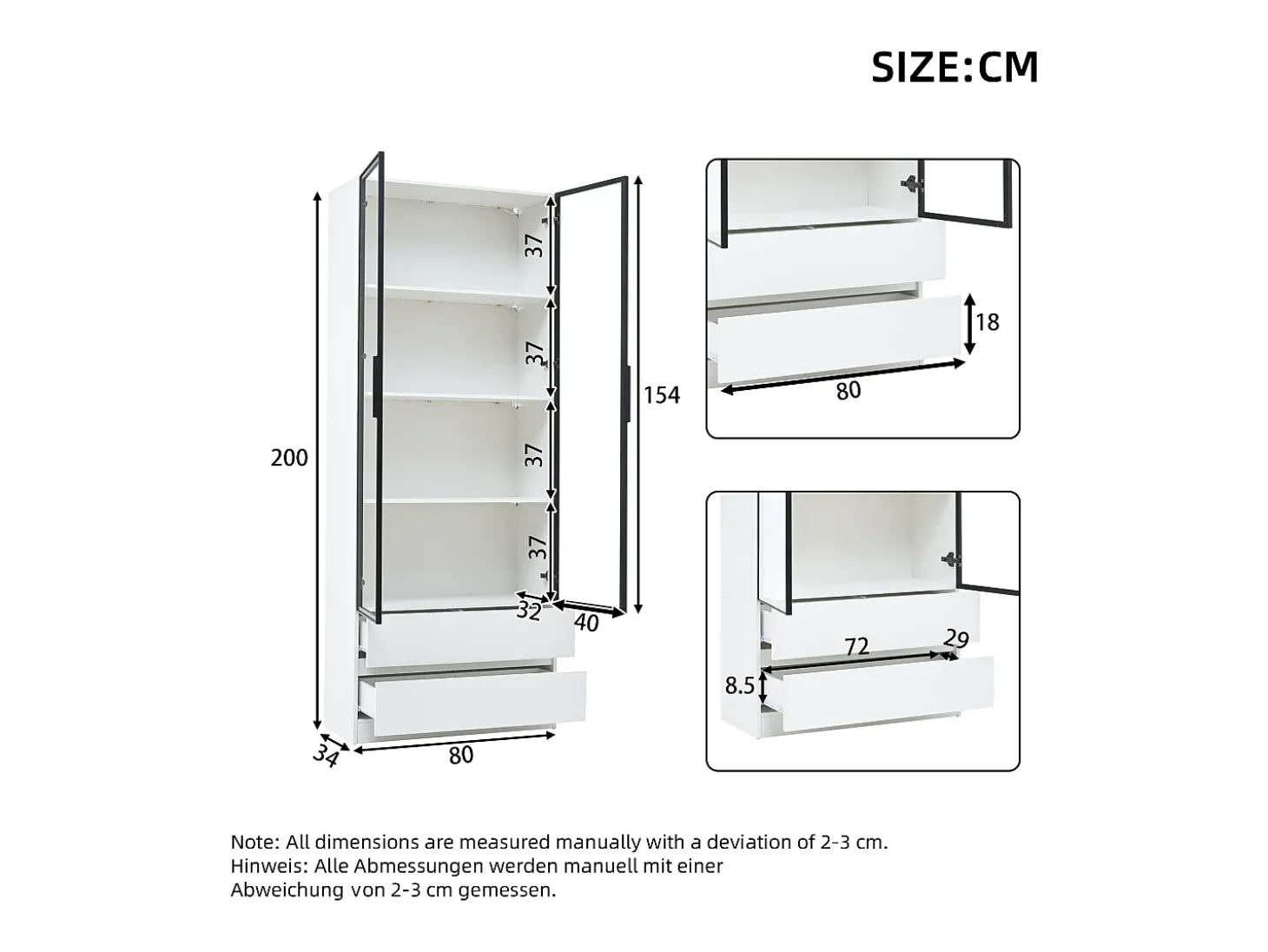 Vitrina 80x34x200 cm - con iluminação LED - con 2 portas e 2 gavetas - Acabamento brilhante - branco