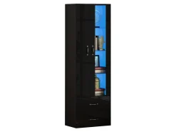 Vitrina 60x35x182 cm con iluminação LED - 2 portas e 2 gavetas - Portas de vidro - Painéis de partículas - Preto