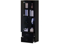 Vitrina 60x35x182 cm con iluminação LED - 2 portas e 2 gavetas - Portas de vidro - Painéis de partículas - Preto