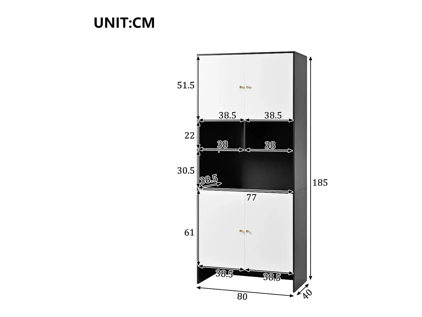 Vitrina 80x40x185cm - con iluminação LED - con 4 portas e 3 compartimentos de armazenamento abertos - Branco + Preto