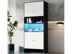 Vitrina 80x40x185cm - con iluminação LED - con 4 portas e 3 compartimentos de armazenamento abertos - Branco + Preto